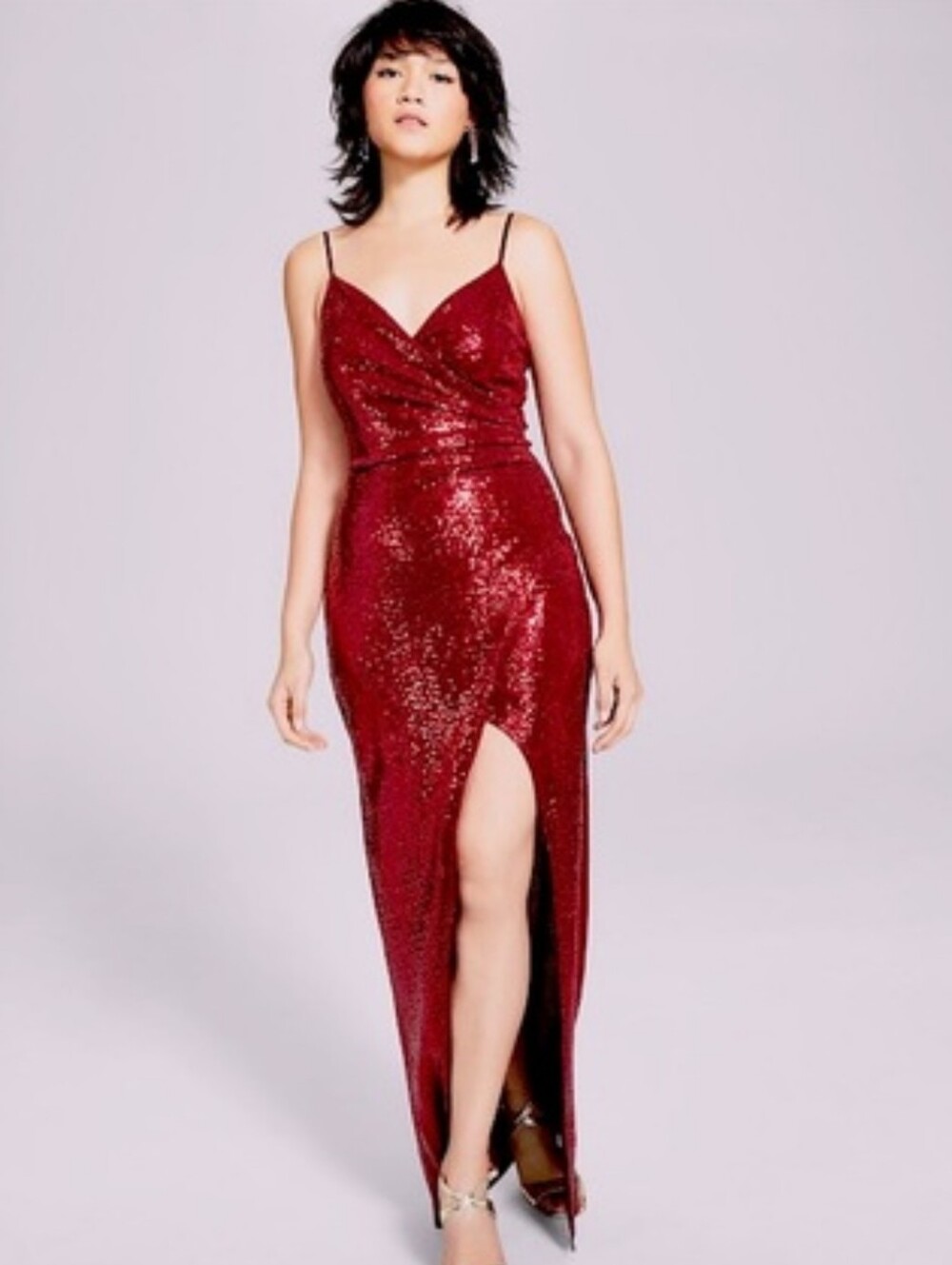 Emerald Sundae Wine Metallic Juniors High Slit Disco Dot Gown Formal Prom Dress
